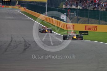 World © Octane Photographic Ltd. Formula 1 - Belgian Grand Prix - Race. Max Verstappen - Red Bull Racing RB13 and Daniel Ricciardo - Red Bull Racing RB13. Circuit de Spa Francorchamps, Belgium. Sunday 27th August 2017. Digital Ref:1933LB1D8955