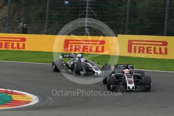 World © Octane Photographic Ltd. Formula 1 - Belgian Grand Prix - Race. Kevin Magnussen and Romain Grosjean - Haas F1 Team VF-17. Circuit de Spa Francorchamps, Belgium. Sunday 27th August 2017. Digital Ref:1933LB2D7340