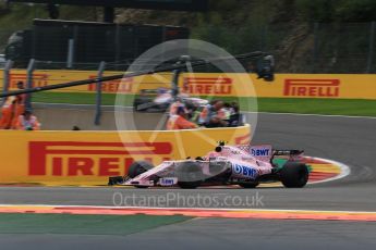 World © Octane Photographic Ltd. Formula 1 - Belgian Grand Prix - Race. Esteban Ocon and Sergio Perez - Sahara Force India VJM10. Circuit de Spa Francorchamps, Belgium. Sunday 27th August 2017. Digital Ref:1933LB2D7423