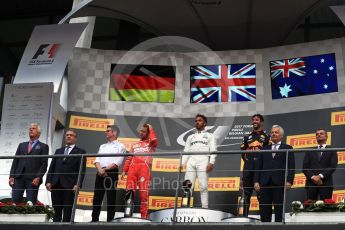 World © Octane Photographic Ltd. Formula 1 - Belgian Grand Prix - Podium. Lewis Hamilton (1st) - Mercedes AMG Petronas F1 W08 EQ Energy+, Sebastian Vettel (2nd) - Scuderia Ferrari SF70H and Daniel Ricciardo (3rd) - Red Bull Racing RB13. Circuit de Spa Francorchamps, Belgium. Sunday 27th August 2017. Digital Ref:1934LB1D9195