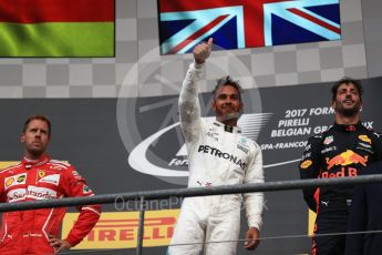 World © Octane Photographic Ltd. Formula 1 - Belgian Grand Prix - Podium. Lewis Hamilton (1st) - Mercedes AMG Petronas F1 W08 EQ Energy+, Sebastian Vettel (2nd) - Scuderia Ferrari SF70H and Daniel Ricciardo (3rd) - Red Bull Racing RB13. Circuit de Spa Francorchamps, Belgium. Sunday 27th August 2017. Digital Ref:1934LB1D9208