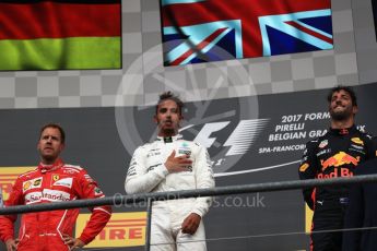 World © Octane Photographic Ltd. Formula 1 - Belgian Grand Prix - Podium. Lewis Hamilton (1st) - Mercedes AMG Petronas F1 W08 EQ Energy+, Sebastian Vettel (2nd) - Scuderia Ferrari SF70H and Daniel Ricciardo (3rd) - Red Bull Racing RB13. Circuit de Spa Francorchamps, Belgium. Sunday 27th August 2017. Digital Ref:1934LB1D9218