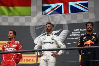 World © Octane Photographic Ltd. Formula 1 - Belgian Grand Prix - Podium. Lewis Hamilton (1st) - Mercedes AMG Petronas F1 W08 EQ Energy+, Sebastian Vettel (2nd) - Scuderia Ferrari SF70H and Daniel Ricciardo (3rd) - Red Bull Racing RB13. Circuit de Spa Francorchamps, Belgium. Sunday 27th August 2017. Digital Ref:1934LB1D9235