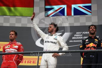 World © Octane Photographic Ltd. Formula 1 - Belgian Grand Prix - Podium. Lewis Hamilton (1st) - Mercedes AMG Petronas F1 W08 EQ Energy+, Sebastian Vettel (2nd) - Scuderia Ferrari SF70H and Daniel Ricciardo (3rd) - Red Bull Racing RB13. Circuit de Spa Francorchamps, Belgium. Sunday 27th August 2017. Digital Ref:1934LB1D9244