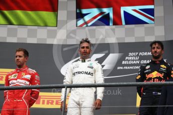 World © Octane Photographic Ltd. Formula 1 - Belgian Grand Prix - Podium. Lewis Hamilton (1st) - Mercedes AMG Petronas F1 W08 EQ Energy+, Sebastian Vettel (2nd) - Scuderia Ferrari SF70H and Daniel Ricciardo (3rd) - Red Bull Racing RB13. Circuit de Spa Francorchamps, Belgium. Sunday 27th August 2017. Digital Ref:1934LB1D9256