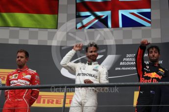 World © Octane Photographic Ltd. Formula 1 - Belgian Grand Prix - Podium. Lewis Hamilton (1st) - Mercedes AMG Petronas F1 W08 EQ Energy+, Sebastian Vettel (2nd) - Scuderia Ferrari SF70H and Daniel Ricciardo (3rd) - Red Bull Racing RB13. Circuit de Spa Francorchamps, Belgium. Sunday 27th August 2017. Digital Ref:1934LB1D9264