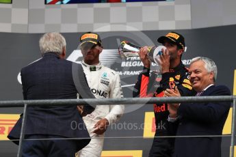 World © Octane Photographic Ltd. Formula 1 - Belgian Grand Prix - Podium. Lewis Hamilton (1st) - Mercedes AMG Petronas F1 W08 EQ Energy+ and Daniel Ricciardo (3rd) - Red Bull Racing RB13. Circuit de Spa Francorchamps, Belgium. Sunday 27th August 2017. Digital Ref:1934LB1D9373