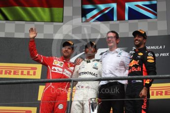 World © Octane Photographic Ltd. Formula 1 - Belgian Grand Prix - Podium. Lewis Hamilton (1st) - Mercedes AMG Petronas F1 W08 EQ Energy+, Sebastian Vettel (2nd) - Scuderia Ferrari SF70H and Daniel Ricciardo (3rd) - Red Bull Racing RB13. Circuit de Spa Francorchamps, Belgium. Sunday 27th August 2017. Digital Ref:1934LB1D9601