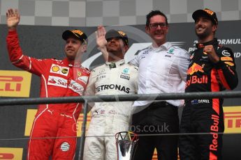 World © Octane Photographic Ltd. Formula 1 - Belgian Grand Prix - Podium. Lewis Hamilton (1st) - Mercedes AMG Petronas F1 W08 EQ Energy+, Sebastian Vettel (2nd) - Scuderia Ferrari SF70H and Daniel Ricciardo (3rd) - Red Bull Racing RB13. Circuit de Spa Francorchamps, Belgium. Sunday 27th August 2017. Digital Ref:1934LB1D9607