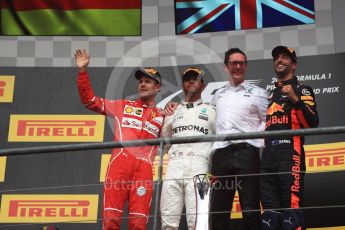 World © Octane Photographic Ltd. Formula 1 - Belgian Grand Prix - Podium. Lewis Hamilton (1st) - Mercedes AMG Petronas F1 W08 EQ Energy+, Sebastian Vettel (2nd) - Scuderia Ferrari SF70H and Daniel Ricciardo (3rd) - Red Bull Racing RB13. Circuit de Spa Francorchamps, Belgium. Sunday 27th August 2017. Digital Ref:1934LB1D9627