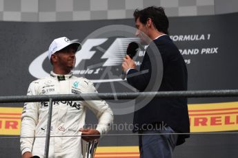 World © Octane Photographic Ltd. Formula 1 - Belgian Grand Prix - Podium. Mark Webber interviewing Lewis Hamilton - Mercedes AMG Petronas F1 W08 EQ Energy+. Circuit de Spa Francorchamps, Belgium. Sunday 27th August 2017. Digital Ref:1934LB1D9657
