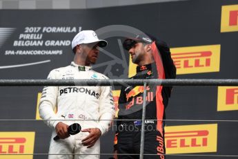 World © Octane Photographic Ltd. Formula 1 - Belgian Grand Prix - Podium. Lewis Hamilton - Mercedes AMG Petronas F1 W08 EQ Energy+ and Daniel Ricciardo - Red Bull Racing RB13. Circuit de Spa Francorchamps, Belgium. Sunday 27th August 2017. Digital Ref:1934LB1D9738