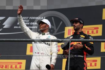 World © Octane Photographic Ltd. Formula 1 - Belgian Grand Prix - Podium. Lewis Hamilton - Mercedes AMG Petronas F1 W08 EQ Energy+ and Daniel Ricciardo - Red Bull Racing RB13. Circuit de Spa Francorchamps, Belgium. Sunday 27th August 2017. Digital Ref:1934LB1D9747