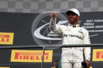 World © Octane Photographic Ltd. Formula 1 - Belgian Grand Prix - Podium. Lewis Hamilton - Mercedes AMG Petronas F1 W08 EQ Energy+ and Daniel Ricciardo - Red Bull Racing RB13. Circuit de Spa Francorchamps, Belgium. Sunday 27th August 2017. Digital Ref:1934LB1D9766