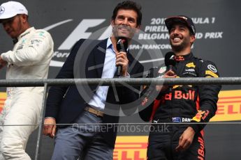 World © Octane Photographic Ltd. Formula 1 - Belgian Grand Prix - Podium. Mark Webber interviewing Daniel Ricciardo - Red Bull Racing RB13. Circuit de Spa Francorchamps, Belgium. Sunday 27th August 2017. Digital Ref:1934LB1D9840