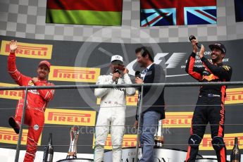 World © Octane Photographic Ltd. Formula 1 - Belgian Grand Prix - Podium. Lewis Hamilton (1st) - Mercedes AMG Petronas F1 W08 EQ Energy+, Sebastian Vettel (2nd) - Scuderia Ferrari SF70H and Daniel Ricciardo (3rd) - Red Bull Racing RB13. Circuit de Spa Francorchamps, Belgium. Sunday 27th August 2017. Digital Ref:1934LB1D9895