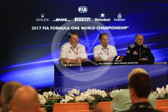World © Octane Photographic Ltd. Formula 1 - Belgian Grand Prix – Friday Team Press Conference – Part 2. Zak Brown - Executive Director of McLaren Technology Group, Yusuke Hasegawa – Chief of Honda F1 project and Franz Tost – Team Principal of Scuderia Toro Rosso. . Circuit de Francorchamps, Belgium. Friday 25th August 2017. Digital Ref:1925LB2D6418