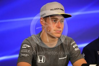 World © Octane Photographic Ltd. Formula 1 - Belgian Grand Prix – Thursday Driver Press Conference – Part 1. Stoffel Vandoorne - McLaren Honda. Circuit de Francorchamps, Belgium. Thursday 24th August 2017. Digital Ref: 1919LB1D4400