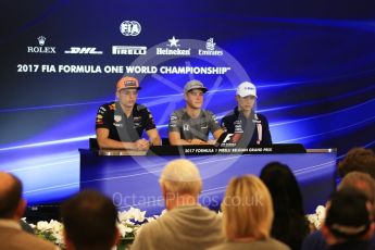 World © Octane Photographic Ltd. Formula 1 - Belgian Grand Prix – Thursday Driver Press Conference – Part 1. Esteban Ocon - Sahara Force India, Stoffel Vandoorne - McLaren Honda and Max Verstappen - Red Bull Racing. Circuit de Francorchamps, Belgium. Thursday 24th August 2017. Digital Ref: 1919LB2D5573