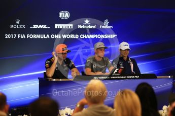 World © Octane Photographic Ltd. Formula 1 - Belgian Grand Prix – Thursday Driver Press Conference – Part 1. Esteban Ocon - Sahara Force India, Stoffel Vandoorne - McLaren Honda and Max Verstappen - Red Bull Racing. Circuit de Francorchamps, Belgium. Thursday 24th August 2017. Digital Ref: 1919LB2D5591