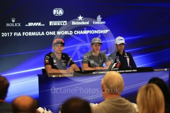 World © Octane Photographic Ltd. Formula 1 - Belgian Grand Prix – Thursday Driver Press Conference – Part 1. Esteban Ocon - Sahara Force India, Stoffel Vandoorne - McLaren Honda and Max Verstappen - Red Bull Racing. Circuit de Francorchamps, Belgium. Thursday 24th August 2017. Digital Ref: 1919LB2D5603