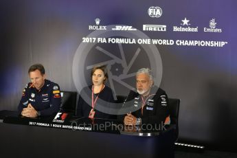 World © Octane Photographic Ltd. Formula 1 - British Grand Prix FIA Press Conference. Christian Horner - Team Principal of Red Bull Racing, Claire Williams - Deputy Team Principal of Williams Martini Racing and Vijay Mallya - Managing Director of Sahara Force India. Silverstone, UK. Friday 14th July 2017. Digital Ref:1883LB2D8085