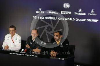World © Octane Photographic Ltd. Formula 1 - British Grand Prix. Andy Cowell - Managing Director of Mercedes AMG High Performance Powertrains, Jonathan Neale – Director of McLaren Technology Group and Cyril Abiteboul - Managing Director of Renault Sport Racing Formula 1 Team. Silverstone, UK. Friday 14th July 2017. Digital Ref:1883LB2D8097