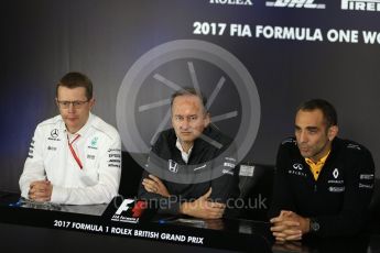 World © Octane Photographic Ltd. Formula 1 - British Grand Prix. Andy Cowell - Managing Director of Mercedes AMG High Performance Powertrains, Jonathan Neale – Director of McLaren Technology Group and Cyril Abiteboul - Managing Director of Renault Sport Racing Formula 1 Team. Silverstone, UK. Friday 14th July 2017. Digital Ref:1883LB2D8101