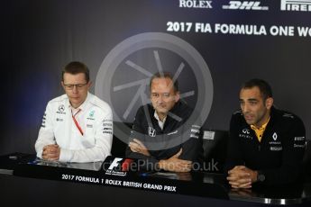 World © Octane Photographic Ltd. Formula 1 - British Grand Prix. Andy Cowell - Managing Director of Mercedes AMG High Performance Powertrains, Jonathan Neale – Director of McLaren Technology Group and Cyril Abiteboul - Managing Director of Renault Sport Racing Formula 1 Team. Silverstone, UK. Friday 14th July 2017. Digital Ref:1883LB2D8109