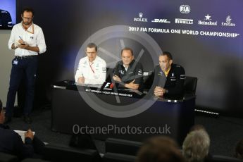 World © Octane Photographic Ltd. Formula 1 - British Grand Prix. Andy Cowell - Managing Director of Mercedes AMG High Performance Powertrains, Jonathan Neale – Director of McLaren Technology Group and Cyril Abiteboul - Managing Director of Renault Sport Racing Formula 1 Team. Silverstone, UK. Friday 14th July 2017. Digital Ref:1883LB2D8115