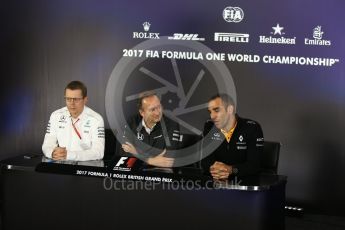 World © Octane Photographic Ltd. Formula 1 - British Grand Prix. Andy Cowell - Managing Director of Mercedes AMG High Performance Powertrains, Jonathan Neale – Director of McLaren Technology Group and Cyril Abiteboul - Managing Director of Renault Sport Racing Formula 1 Team. Silverstone, UK. Friday 14th July 2017. Digital Ref:1883LB2D8122