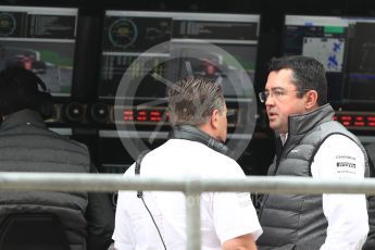 World © Octane Photographic Ltd. Formula 1 - British Grand Prix - Saturday - Practice 3. Zak Brown - Executive Director of McLaren Technology Group and Eric Boullier - Racing Director of McLaren Honda. Silverstone, UK. Saturday 15th July 2017. Digital Ref: 1885LB1D0603