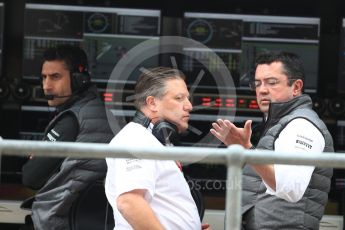 World © Octane Photographic Ltd. Formula 1 - British Grand Prix - Saturday - Practice 3. Zak Brown - Executive Director of McLaren Technology Group and Eric Boullier - Racing Director of McLaren Honda. Silverstone, UK. Saturday 15th July 2017. Digital Ref: 1885LB1D0626