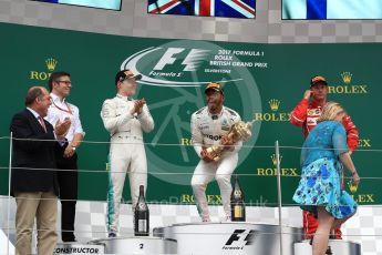 World © Octane Photographic Ltd. Formula 1 - British Grand Prix - Sunday - Race Podium. Lewis Hamilton and Valtteri Bottas - Mercedes AMG Petronas F1 W08 EQ Energy+ and Kimi Raikkonen - Scuderia Ferrari SF70H. Silverstone, UK. Sunday 16th July 2017. Digital Ref: 1893LB1D4847