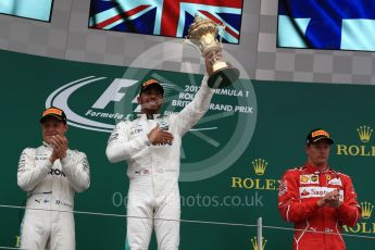 World © Octane Photographic Ltd. Formula 1 - British Grand Prix - Sunday - Race Podium. Lewis Hamilton and Valtteri Bottas - Mercedes AMG Petronas F1 W08 EQ Energy+ and Kimi Raikkonen - Scuderia Ferrari SF70H. Silverstone, UK. Sunday 16th July 2017. Digital Ref: 1893LB1D4875