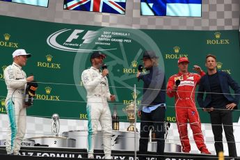 World © Octane Photographic Ltd. Formula 1 - British Grand Prix - Sunday - Race Podium. Lewis Hamilton and Valtteri Bottas - Mercedes AMG Petronas F1 W08 EQ Energy+ and Kimi Raikkonen - Scuderia Ferrari SF70H with Jenson Button and Owen Wilson. Silverstone, UK. Sunday 16th July 2017. Digital Ref: 1893LB1D4715