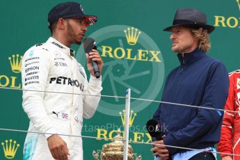 World © Octane Photographic Ltd. Formula 1 - British Grand Prix - Sunday - Race Podium. Lewis Hamilton - Mercedes AMG Petronas F1 W08 EQ Energy+ and Owen Wilson. Silverstone, UK. Sunday 16th July 2017. Digital Ref: 1893LB1D5214