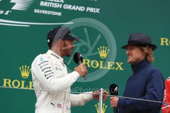 World © Octane Photographic Ltd. Formula 1 - British Grand Prix - Sunday - Race Podium. Lewis Hamilton - Mercedes AMG Petronas F1 W08 EQ Energy+ and Owen Wilson. Silverstone, UK. Sunday 16th July 2017. Digital Ref: 1893LB1D5223