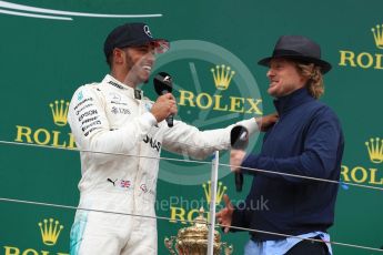 World © Octane Photographic Ltd. Formula 1 - British Grand Prix - Sunday - Race Podium. Lewis Hamilton - Mercedes AMG Petronas F1 W08 EQ Energy+ and Owen Wilson. Silverstone, UK. Sunday 16th July 2017. Digital Ref: 1893LB1D5234