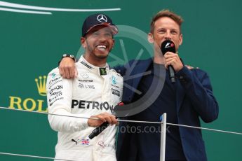 World © Octane Photographic Ltd. Formula 1 - British Grand Prix - Sunday - Race Podium. Lewis Hamilton - Mercedes AMG Petronas F1 W08 EQ Energy+ and Jenson Button. Silverstone, UK. Sunday 16th July 2017. Digital Ref: 1893LB1D5333