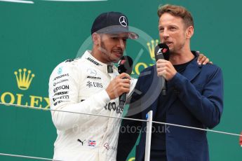 World © Octane Photographic Ltd. Formula 1 - British Grand Prix - Sunday - Race Podium. Lewis Hamilton - Mercedes AMG Petronas F1 W08 EQ Energy+ and Jenson Button. Silverstone, UK. Sunday 16th July 2017. Digital Ref: 1893LB1D5353