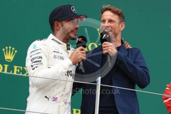 World © Octane Photographic Ltd. Formula 1 - British Grand Prix - Sunday - Race Podium. Lewis Hamilton - Mercedes AMG Petronas F1 W08 EQ Energy+ and Jenson Button. Silverstone, UK. Sunday 16th July 2017. Digital Ref: 1893LB1D5357