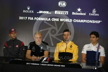 World © Octane Photographic Ltd. Formula 1 - British Grand Prix - Thursday - FIA Driver Press Conference. Romain Grosjean - Haas F1 Team and Valtteri Bottas - Mercedes AMG Petronas F1 Team, Jolyon Palmer - Renault Sport F1 Team and Lance Stroll - Williams Martini Racing. Silverstone, UK. Thursday 13th July 2017. Digital Ref: 1877LB2D7079