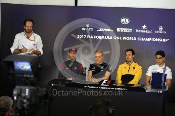 World © Octane Photographic Ltd. Formula 1 - British Grand Prix - Thursday - FIA Driver Press Conference. Romain Grosjean - Haas F1 Team and Valtteri Bottas - Mercedes AMG Petronas F1 Team, Jolyon Palmer - Renault Sport F1 Team and Lance Stroll - Williams Martini Racing. Silverstone, UK. Thursday 13th July 2017. Digital Ref: 1877LB2D7109