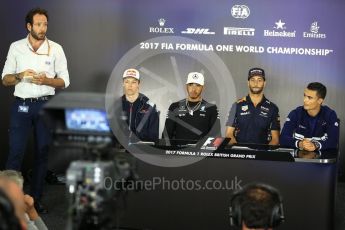 World © Octane Photographic Ltd. Formula 1 - British Grand Prix - Thursday - FIA Driver Press Conference. Daniil Kvyat - Scuderia Toro Rosso, Lewis Hamilton - Mercedes AMG Petronas F1 Team Daniel Ricciardo - Red Bull Racing and Pascal Wehrlein – Sauber F1 Team. Silverstone, UK. Thursday 13th July 2017. Digital Ref: 1877LB2D7133