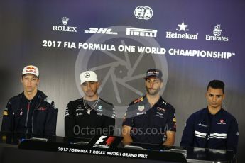 World © Octane Photographic Ltd. Formula 1 - British Grand Prix - Thursday - FIA Driver Press Conference. Daniil Kvyat - Scuderia Toro Rosso, Lewis Hamilton - Mercedes AMG Petronas F1 Team Daniel Ricciardo - Red Bull Racing and Pascal Wehrlein – Sauber F1 Team. Silverstone, UK. Thursday 13th July 2017. Digital Ref: 1877LB2D7151