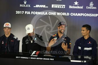 World © Octane Photographic Ltd. Formula 1 - British Grand Prix - Thursday - FIA Driver Press Conference. Daniil Kvyat - Scuderia Toro Rosso, Lewis Hamilton - Mercedes AMG Petronas F1 Team Daniel Ricciardo - Red Bull Racing and Pascal Wehrlein – Sauber F1 Team. Silverstone, UK. Thursday 13th July 2017. Digital Ref: 1877LB2D7201