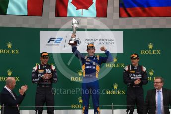World © Octane Photographic Ltd. Formula 1 - British Grand Prix - Sunday - FIA Formula 2 - Race 2. Nicholas Latifi - DAMS, Luca Ghiotto and Artem Markelov - Russian Time. Silverstone, UK. Sunday 16th July 2017. Digital Ref: 1889LB1D3241