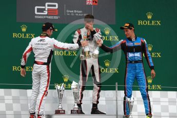 World © Octane Photographic Ltd. GP3 - Race 1. George Russell (1st) and Anthoine Hubert (2nd) - ART Grand Prix and Allessio Lorando (3rd) – Jenzer Motorsport. British Grand Prix - Silverstone, UK. Saturday 15th July 2017. Digital Ref: 1879LB1D2767