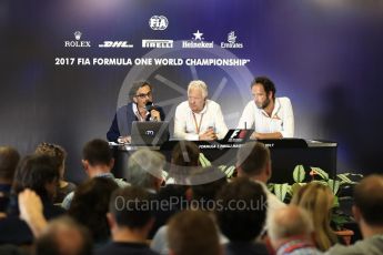 World © Octane Photographic Ltd. Formula 1 - Budapest Grand Prix - Thursday FIA Halo Press Conference. Laurent Mekies FIA safety director, Charlie Whiting FIA Formula One Race Director and Matteo Bonciani Head of F1 Communications. Hungaroring, Budapest, Hungary. Thursday 27th July 2017. Digital Ref: 1897LB1D5665